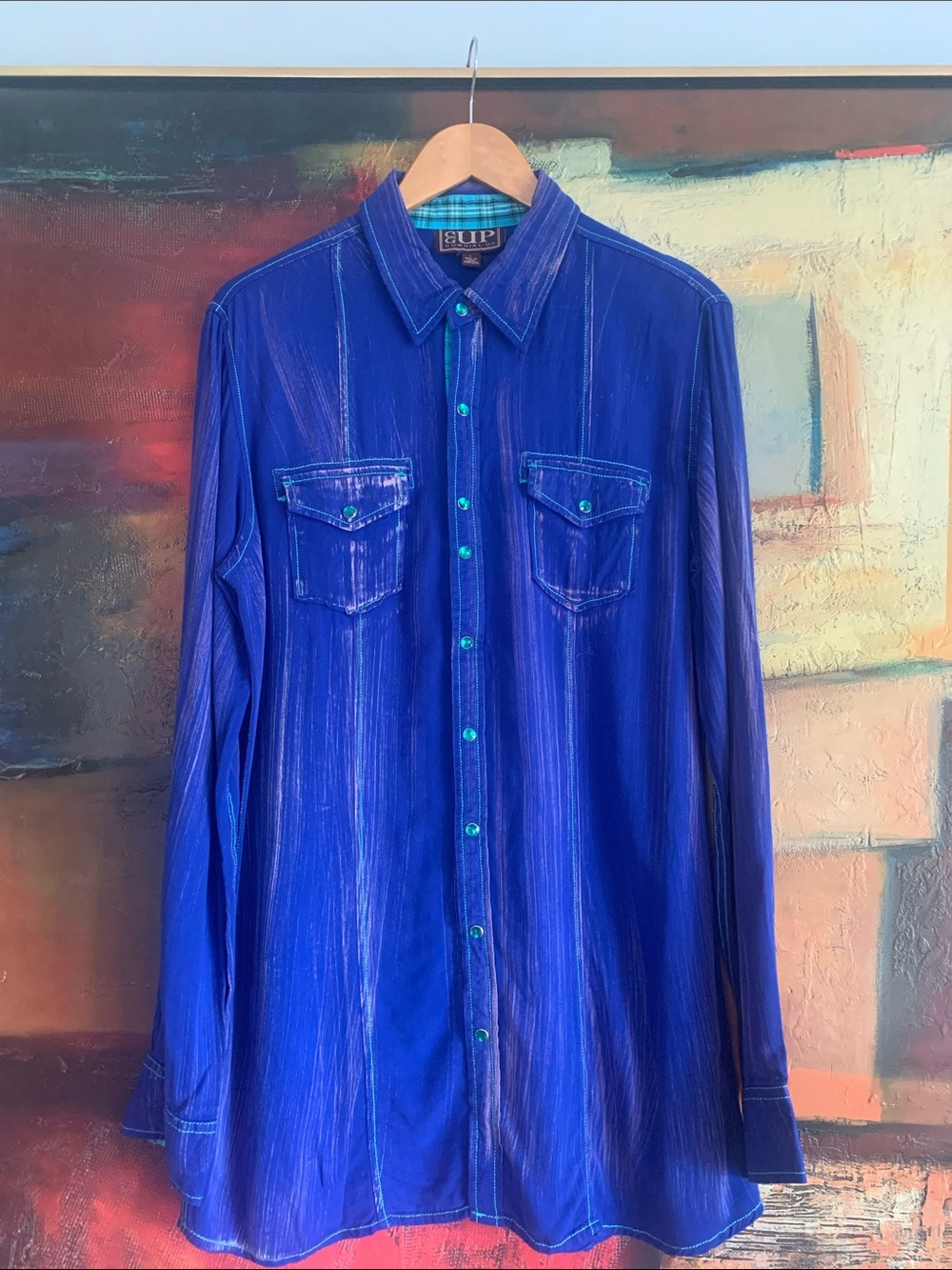 Cowgirl Up Distressed Blue 100% Cotton Embroidered Western Pearl Snap, Sz L